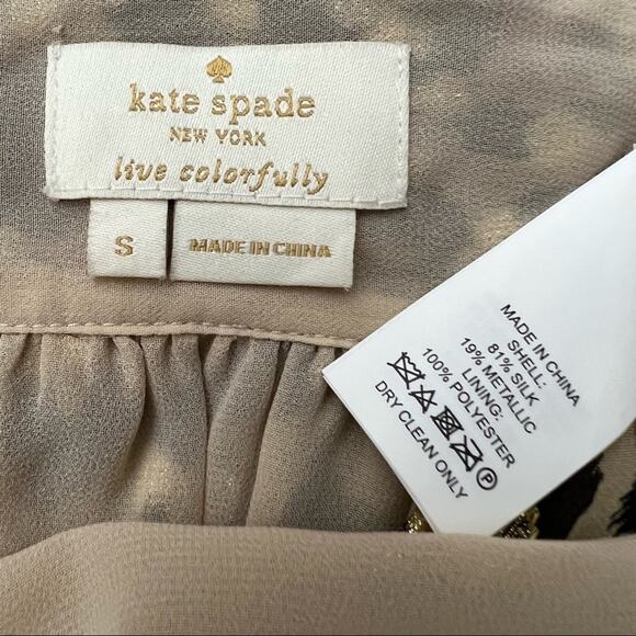 Kate Spade SMALL Cream Gold SILK Leopard Print Ruffle Neck Bow Top Blouse - Picture 5 of 5